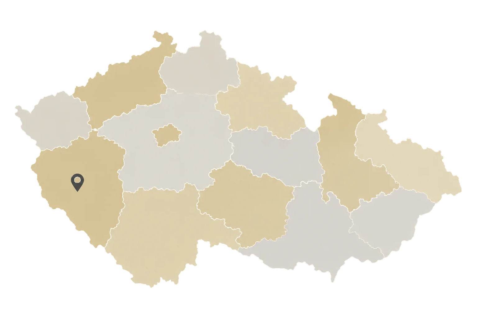 Schematický obrys České republiky rozdělený na kraje; bod označuje Staňkov.